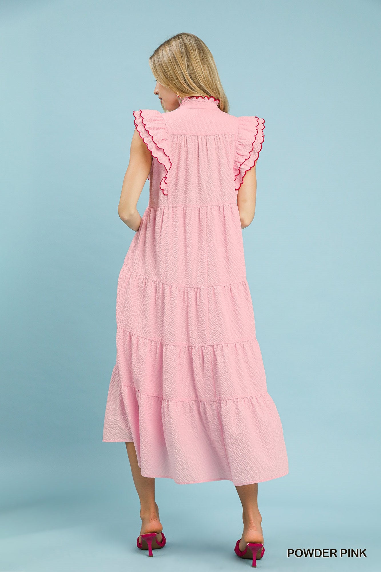 Seersucker Ruffle Sleeve Tiered Midi Dress