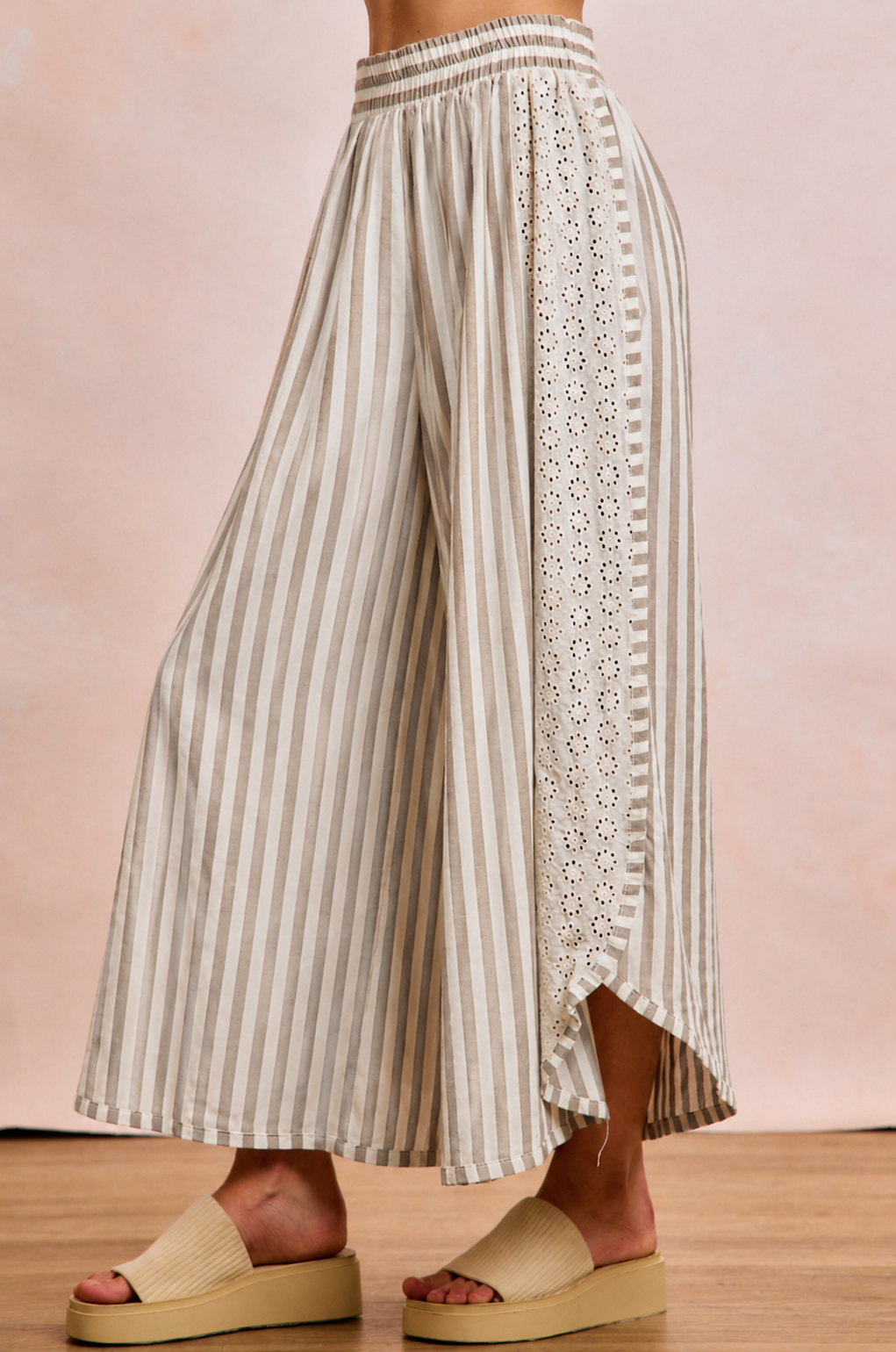 Floral Eyelet Side Elastic Waist Stripes Wide Leg Pant