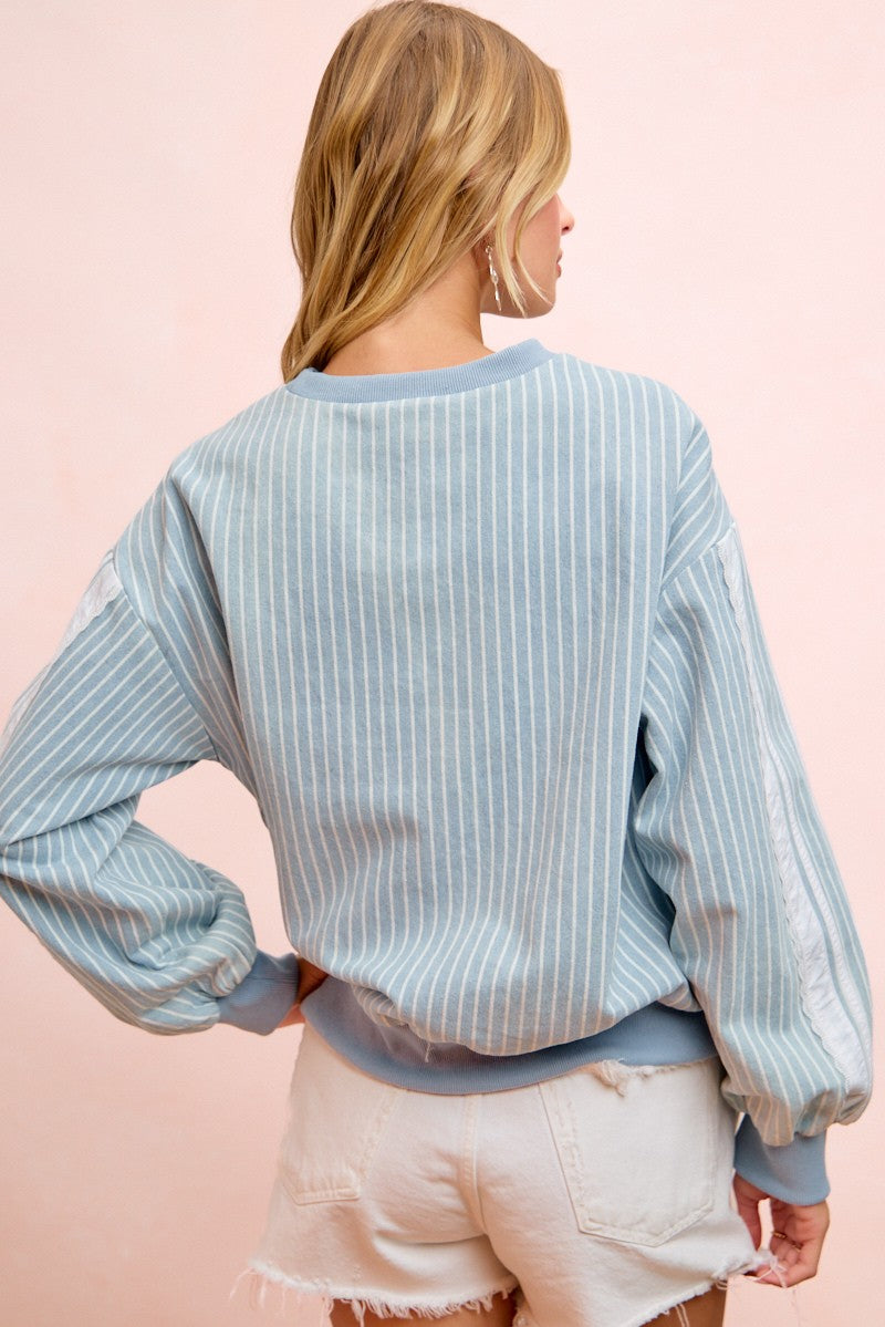 Stripes Denim Lace Contrast Sided Sweatshirt Top