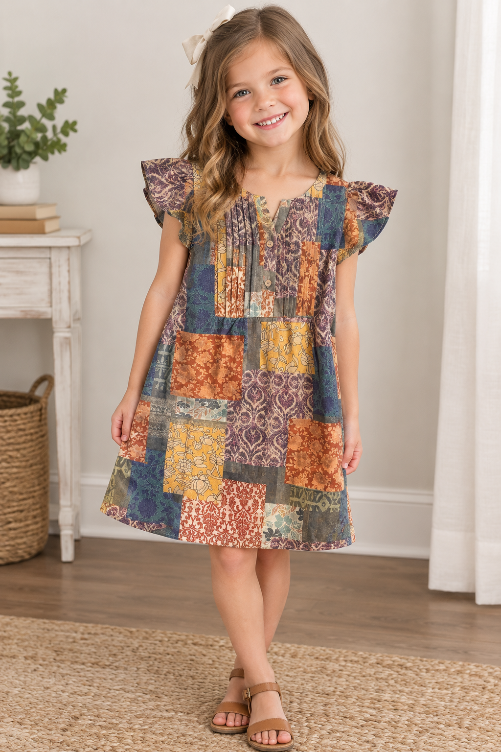 Girls Patch Print Pleated Detail Dress