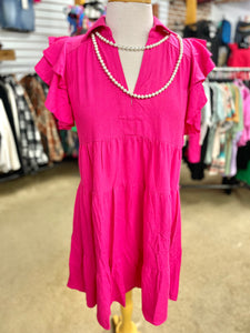 Hot Pink Split Neck Short Ruffle Sleeve Tiered Dress