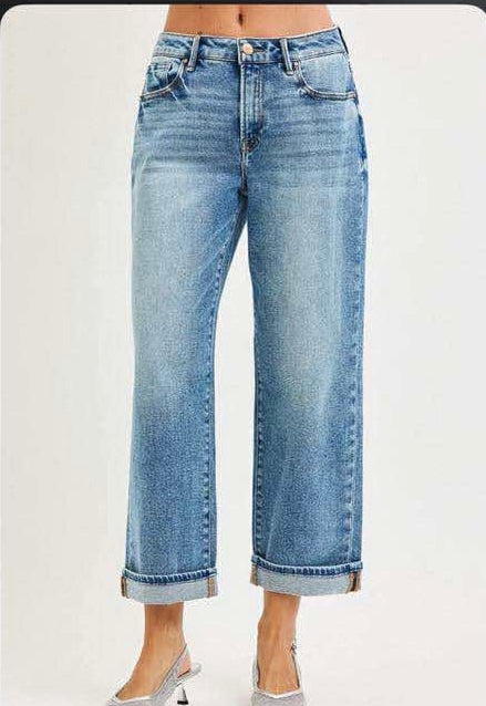 High Rise Ankle Boyfriend Turn-Up Cuffed Medium Wash Jeans