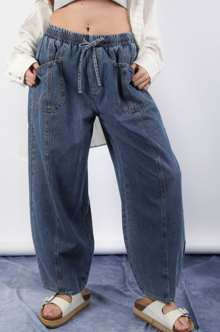 Washed Chambray Barrel Denim Pants