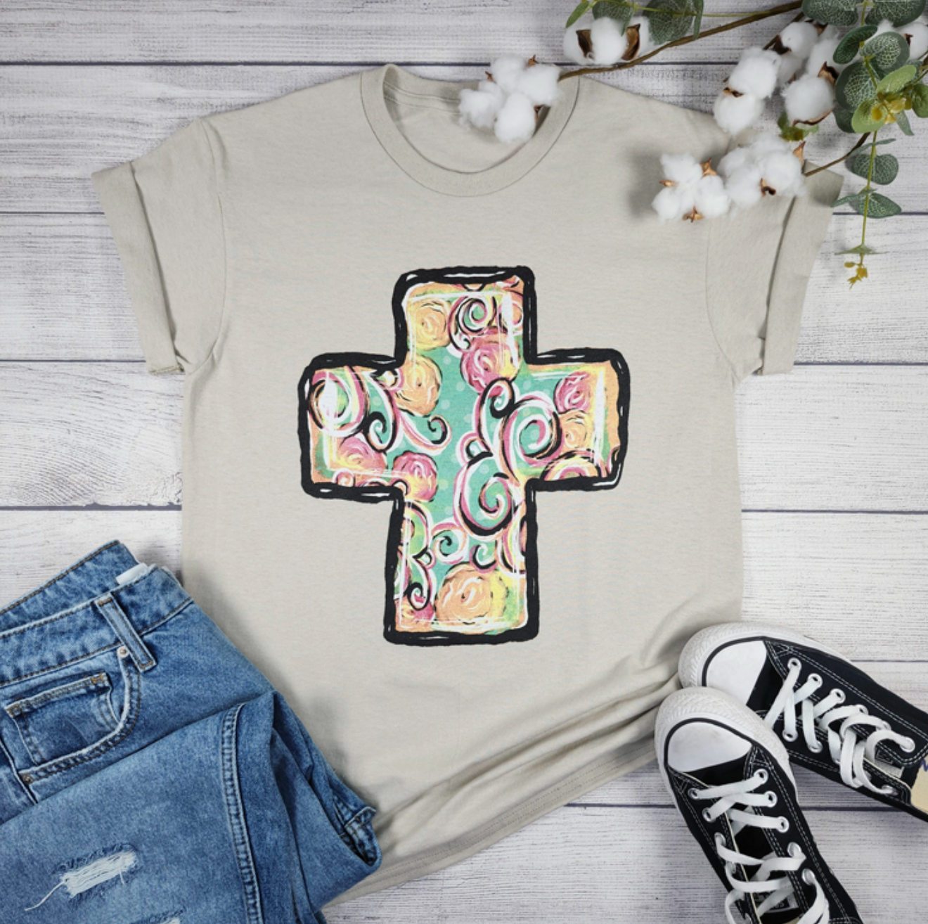 Pastel Floral Cross Tee