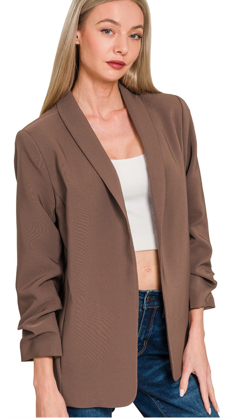 Woven 3/4 Ruched Sleeve Open Front Classic Blazer