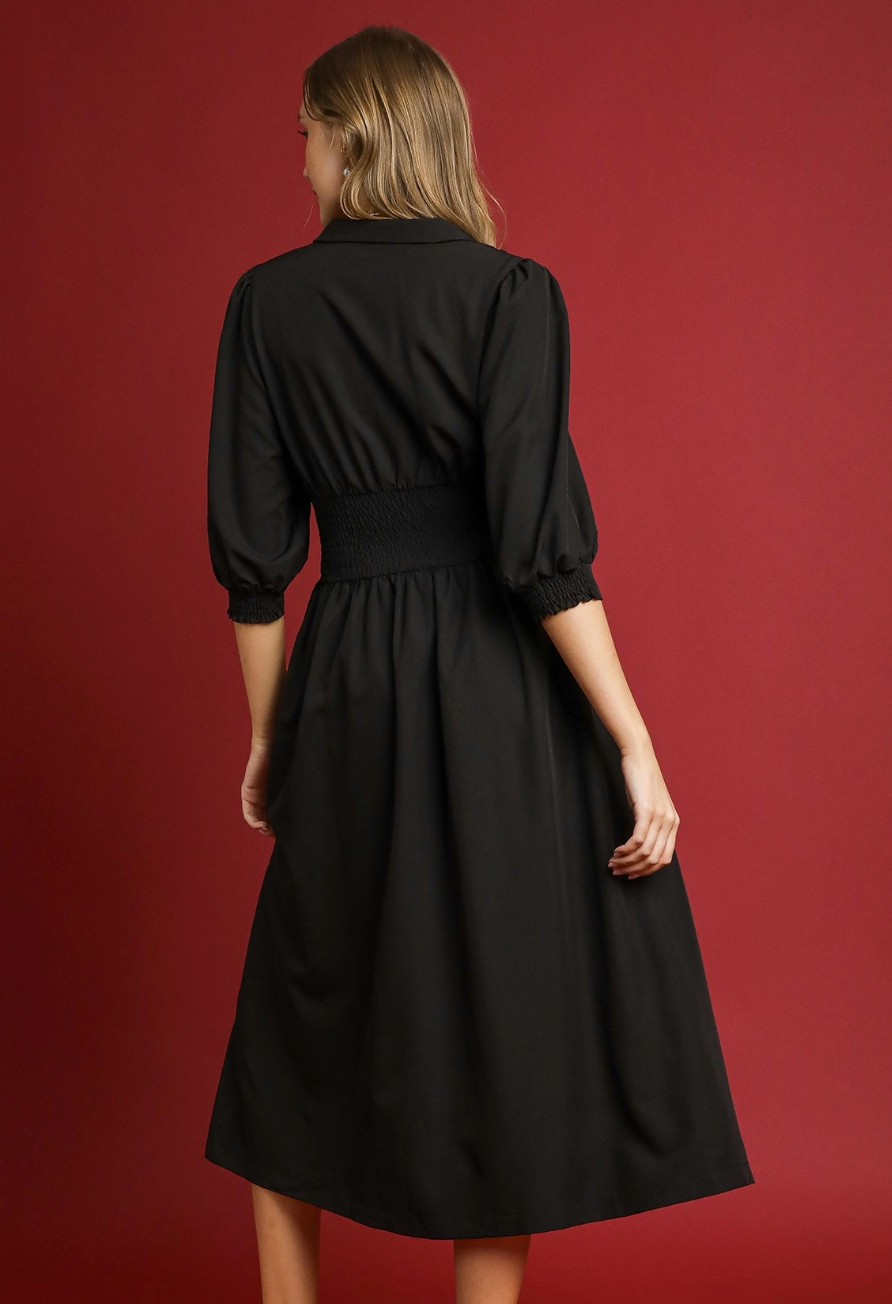Smocked Waist Midi Dress with Front Zipper