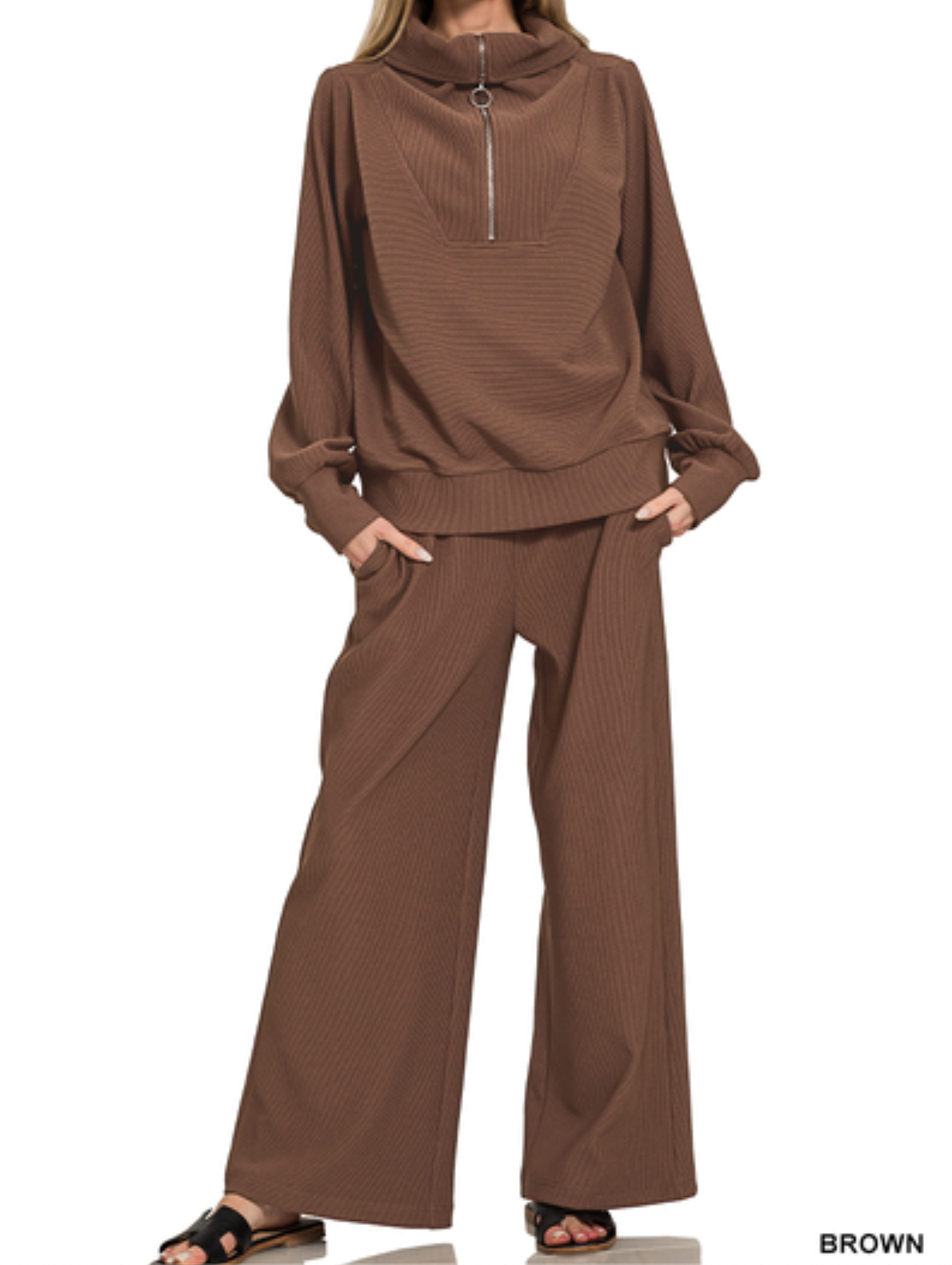 Ribbed High Neck Half Zip Pullover & Pants Set