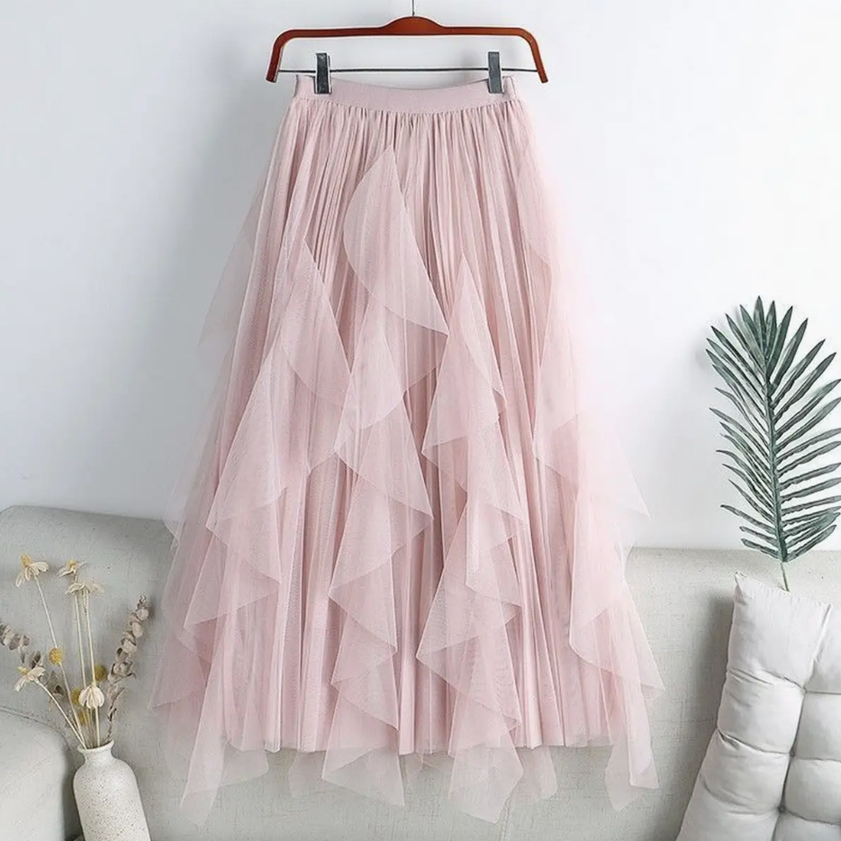 Tulle Skirt Mid-Length High Waist Pleated