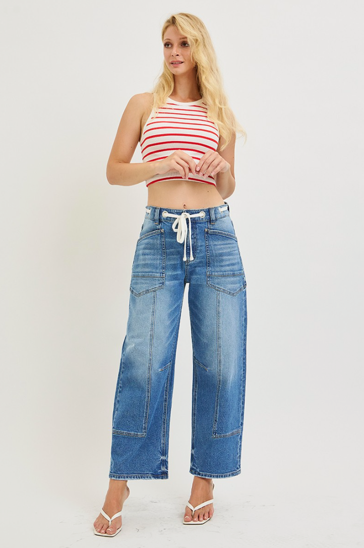 Slouchy Crop Barrel Eyelet Waistband Details Jeans by Risen