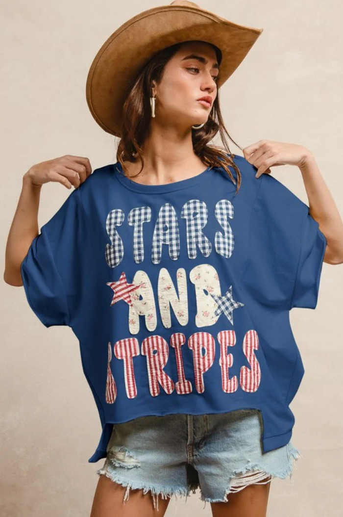 Mix and Match Stars and Stripes Patchwork Short Sleeves Top