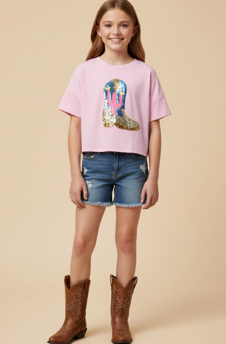 Girls Sequined Cactus Boot Patch Knit T Shirt
