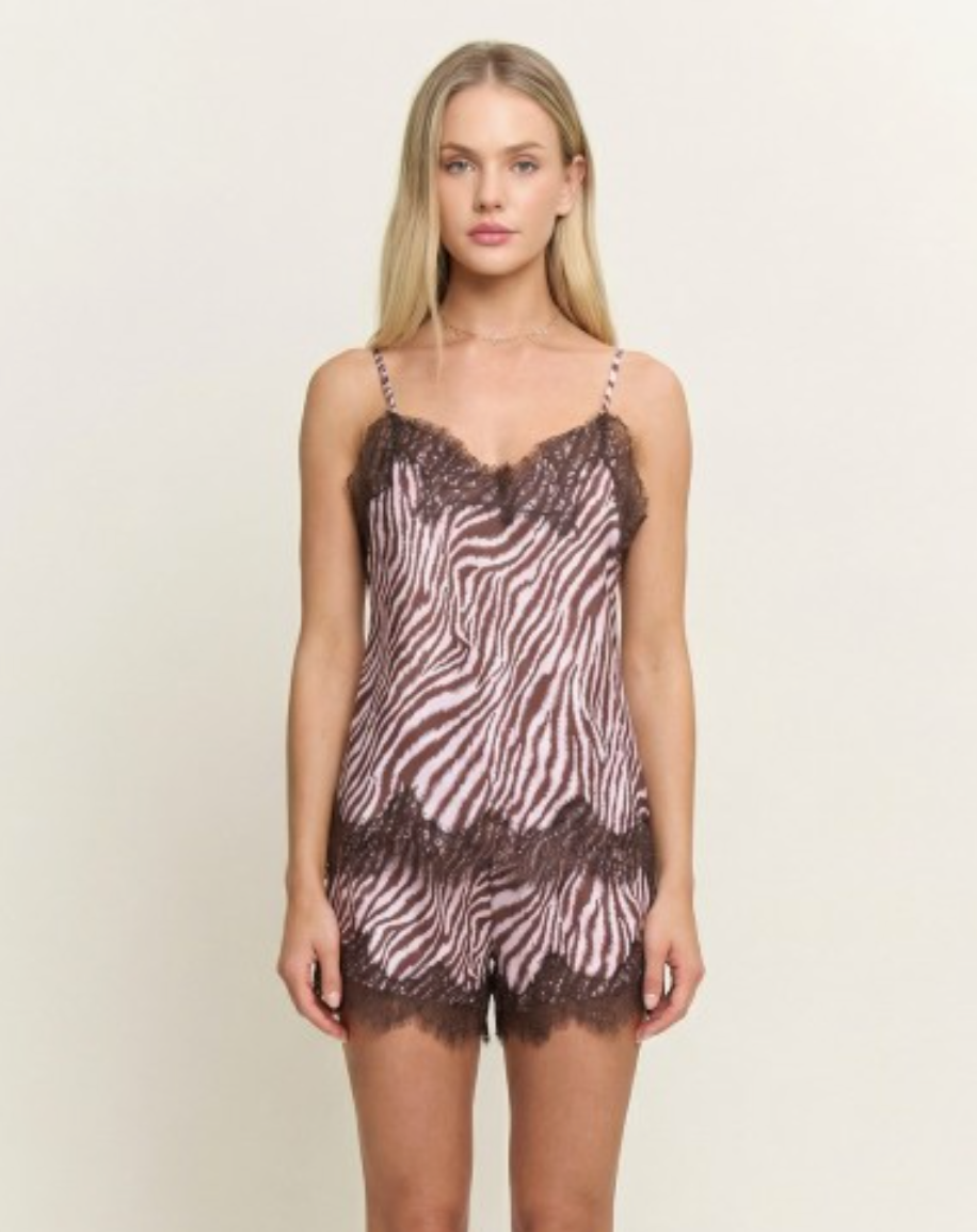 Striped Lace Trim Detailed Assymetric Hem Cami Satin Top
