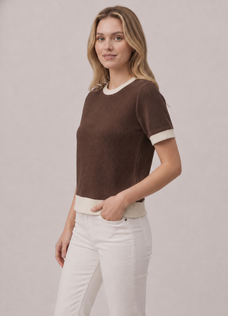 Cloudy Knit Color Accent S/s Round Neck Top