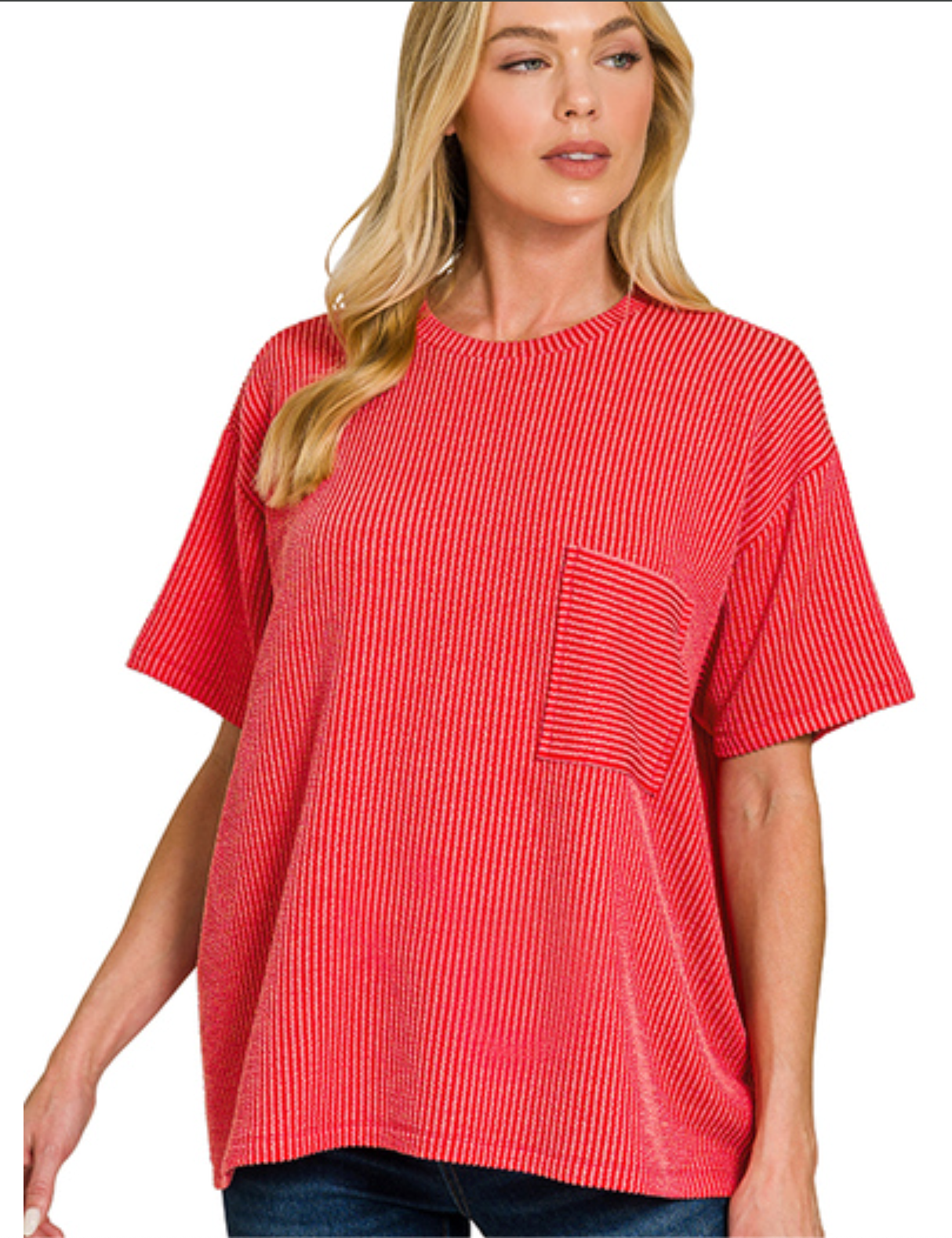 Raised Rib Short Sleeve Front Pocket Top