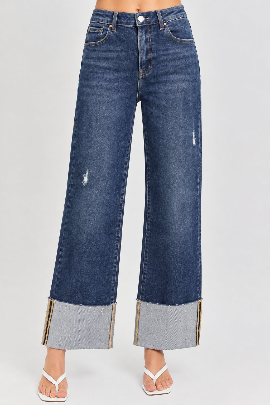 Dark Wash High Rise Ankle Wide Cuffed Jeans