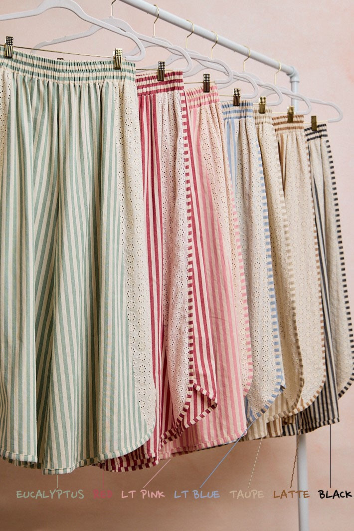 Floral Eyelet Side Elastic Waist Stripes Wide Leg Pant