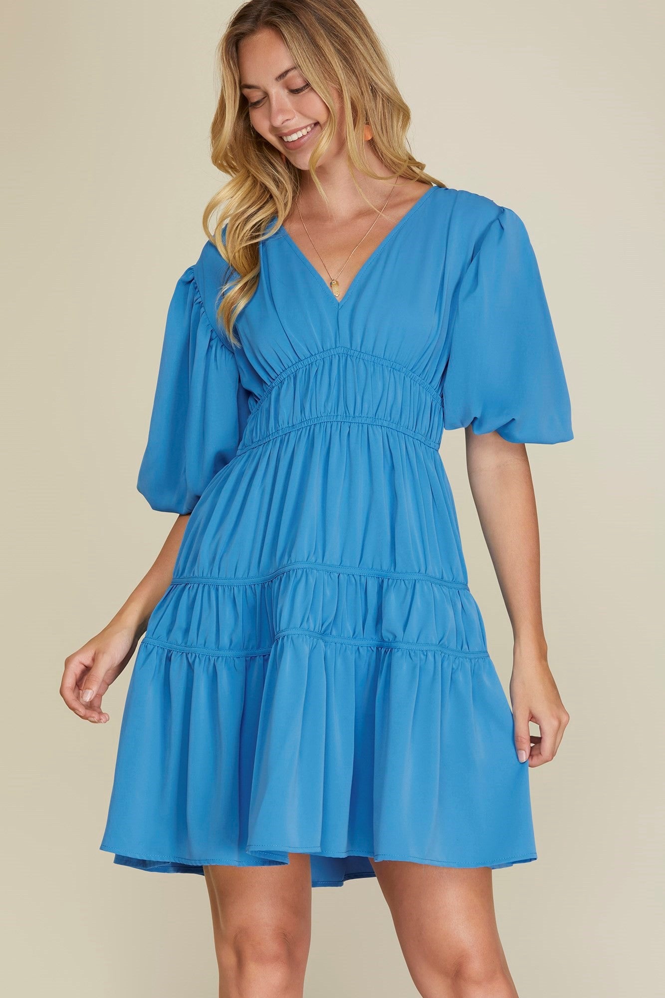 Balloon Sleeve V Neck Tiered Woven Dress