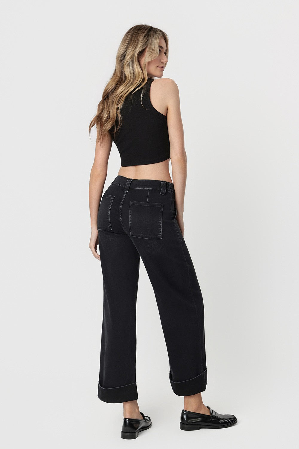 High Rise Elastic Wb Cuffed Baggy Wide Jeans