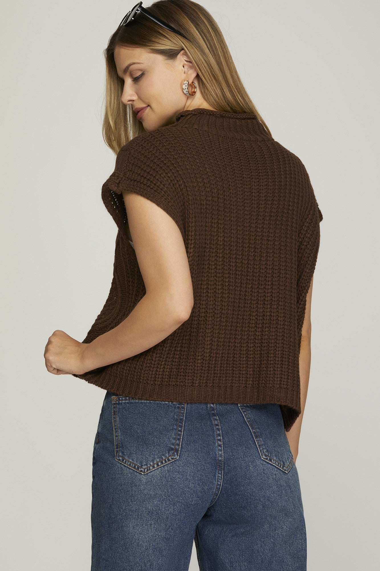 Drop Shoulder Sleeveless Mock Neck Cable Sweater