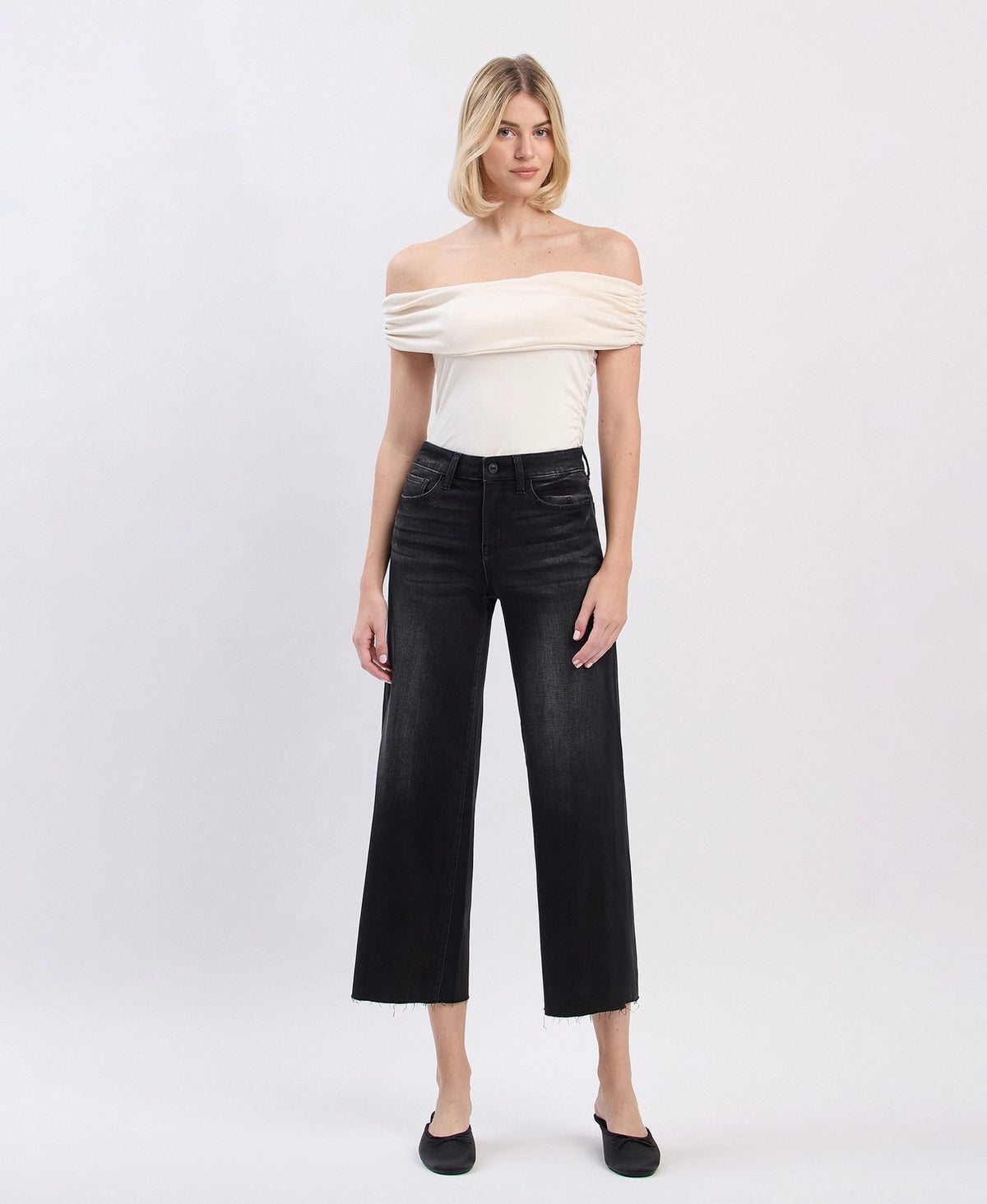 High Rise Clean Cut Raw Hem Crop Slim Wide Jeans