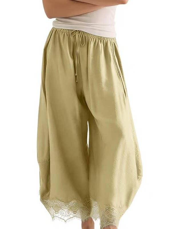 Casual Elastic Waist Lace Hem Loose Wide Leg Ankle Pants