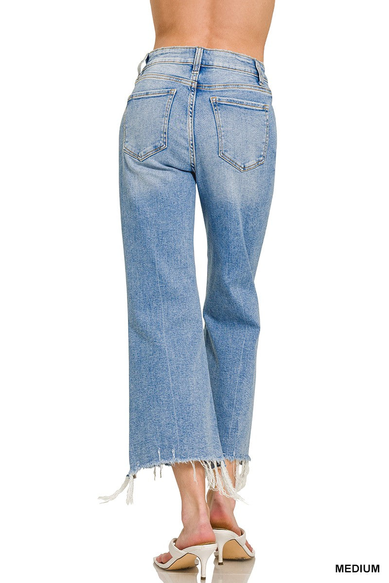 Distressed Knee Raw Frayed Hem Cropped Denim Pants