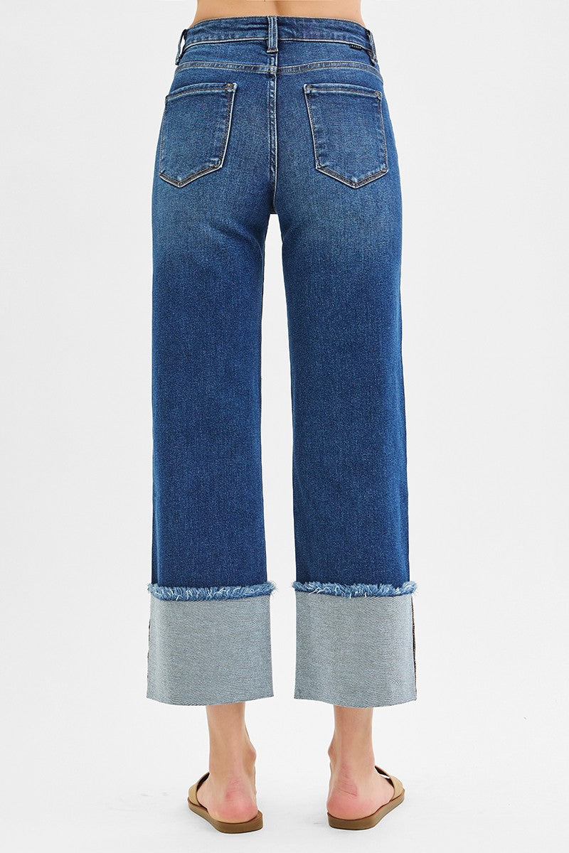 Mid Rise Crop Wide Cuffed Jeans Dark Wash by Risen
