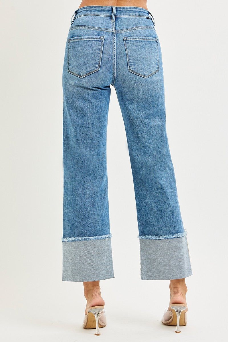 Mid Rise Crop Wide Cuffed Jeans Medium Wash by Risen