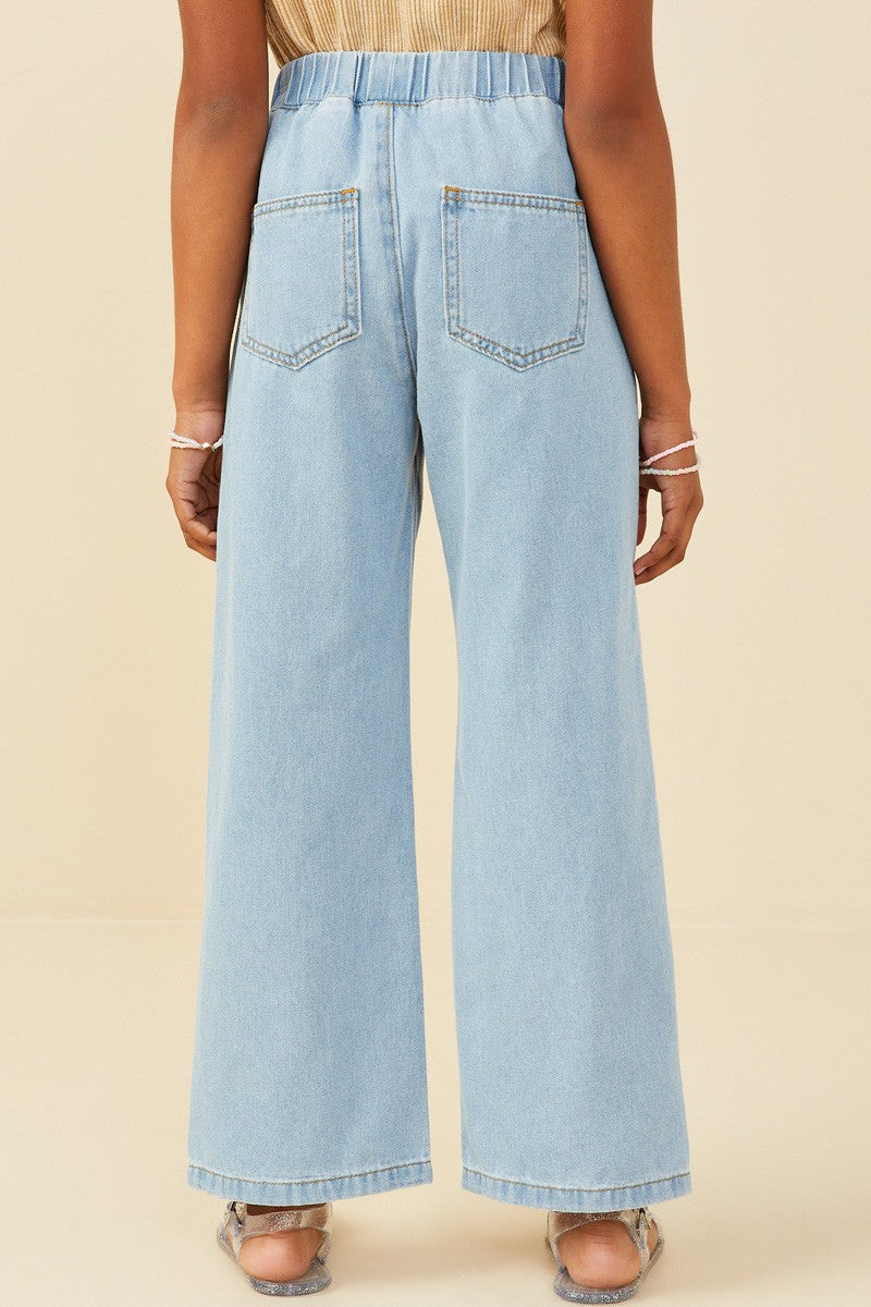 Girls Wide Leg Drawstring Waist Denim Pants