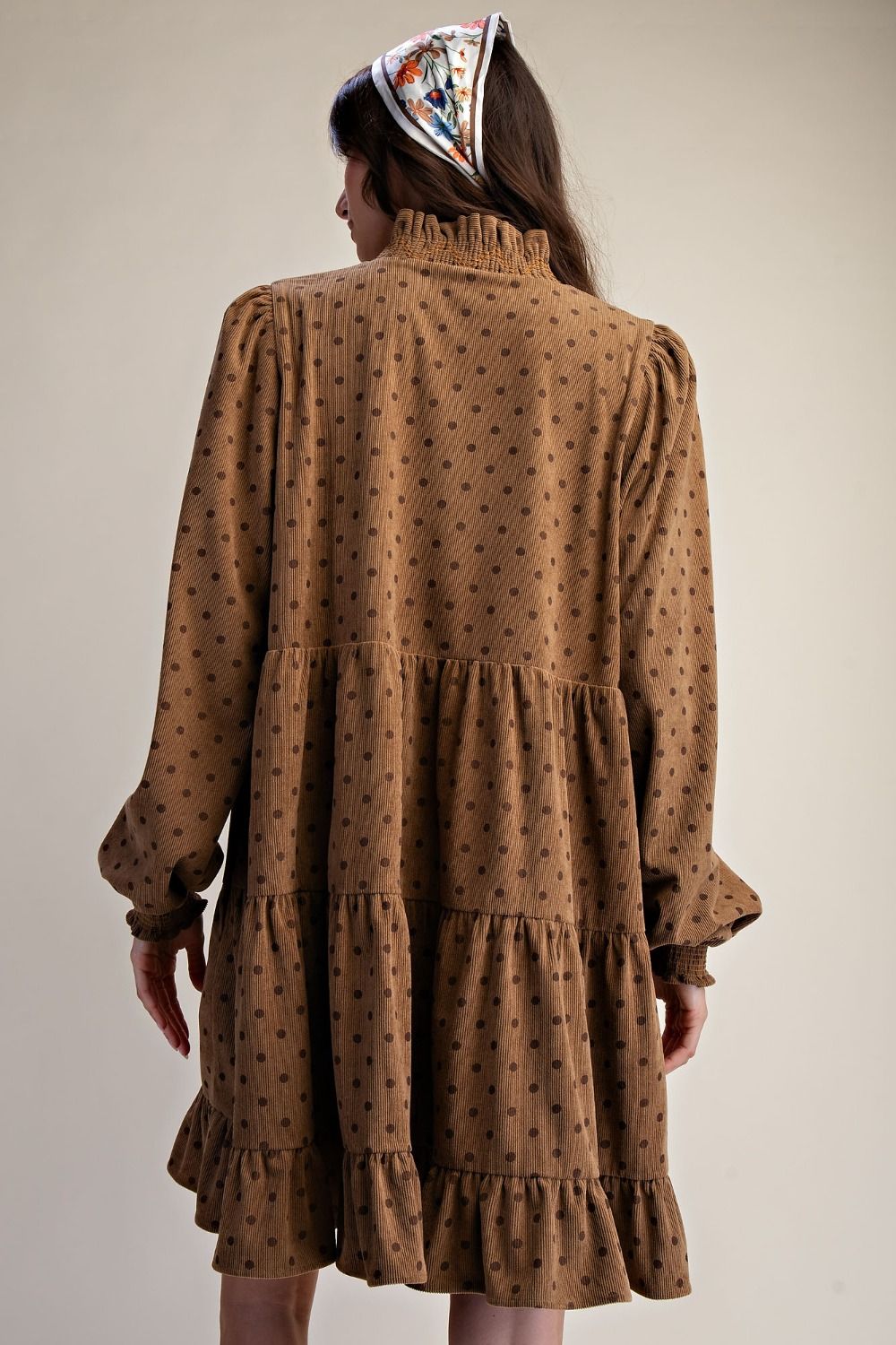 Polka Dot Printed Corduroy Tiered Dress