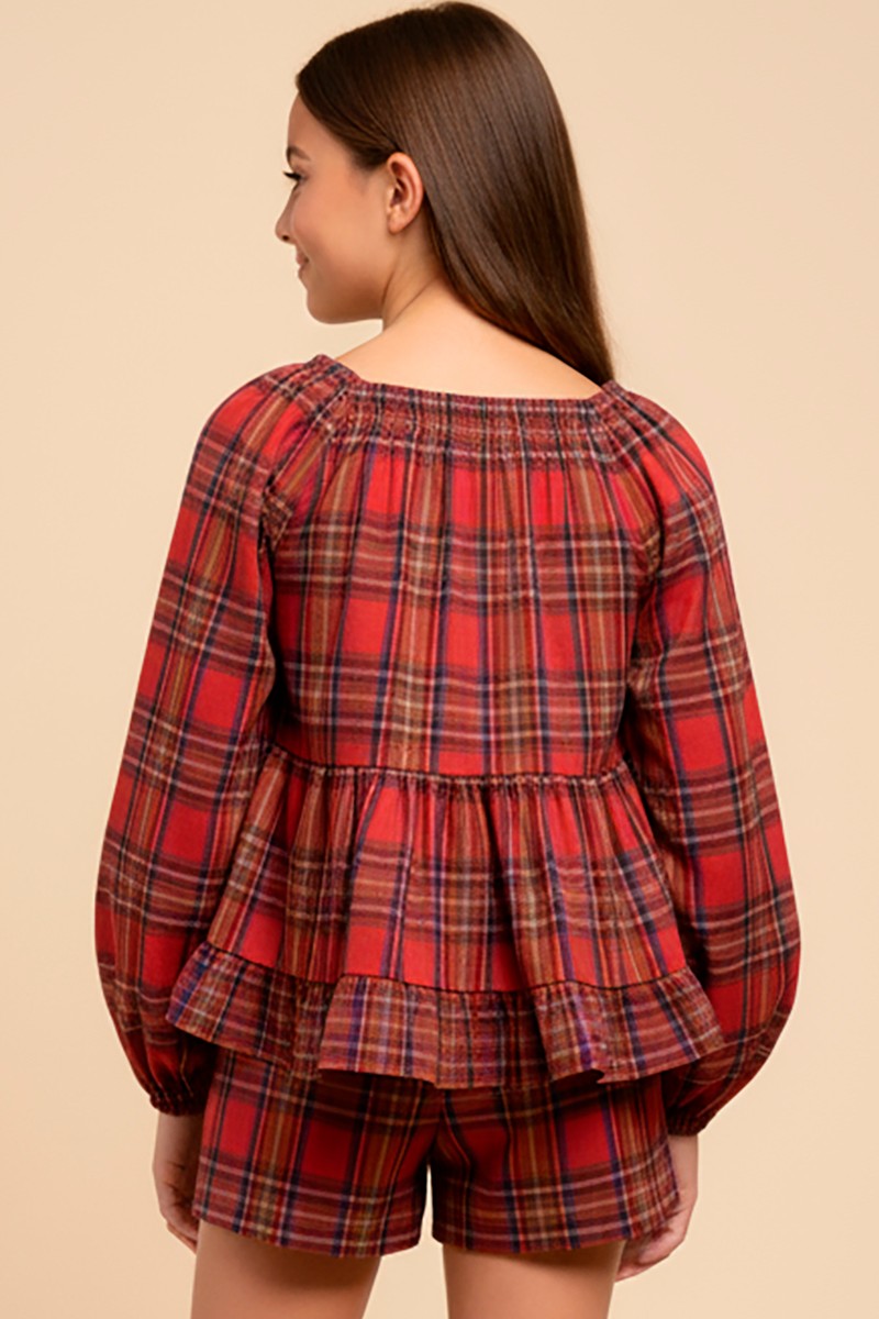 Girls Smock Detail Peplum Plaid Top