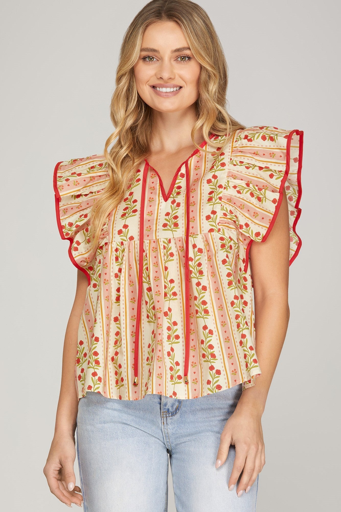 Ruffle Sleeve Printed Top