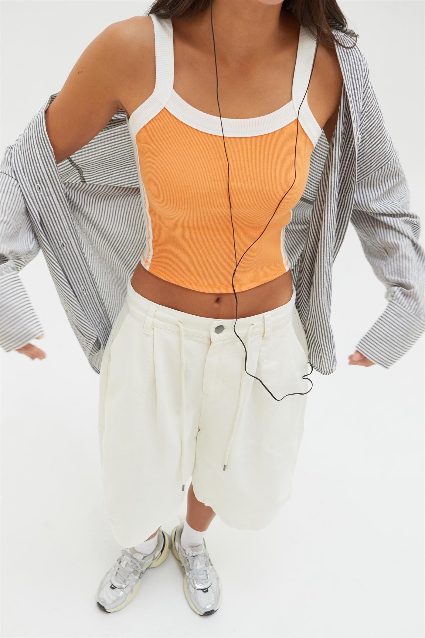 White/Black Contrast Trim Ribbed Fitted Tank