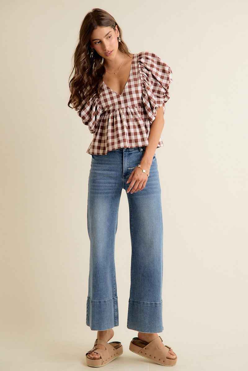 Gingham Bubble Sleeves Back Smocked Blouse Top