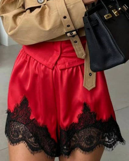Lace Hem Elastic Waist Solid Loungewear Shorts