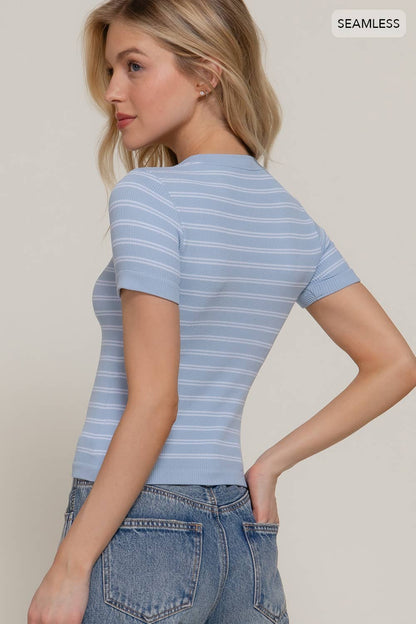 Short Sleeve Crew Neck Striped Seamless Top