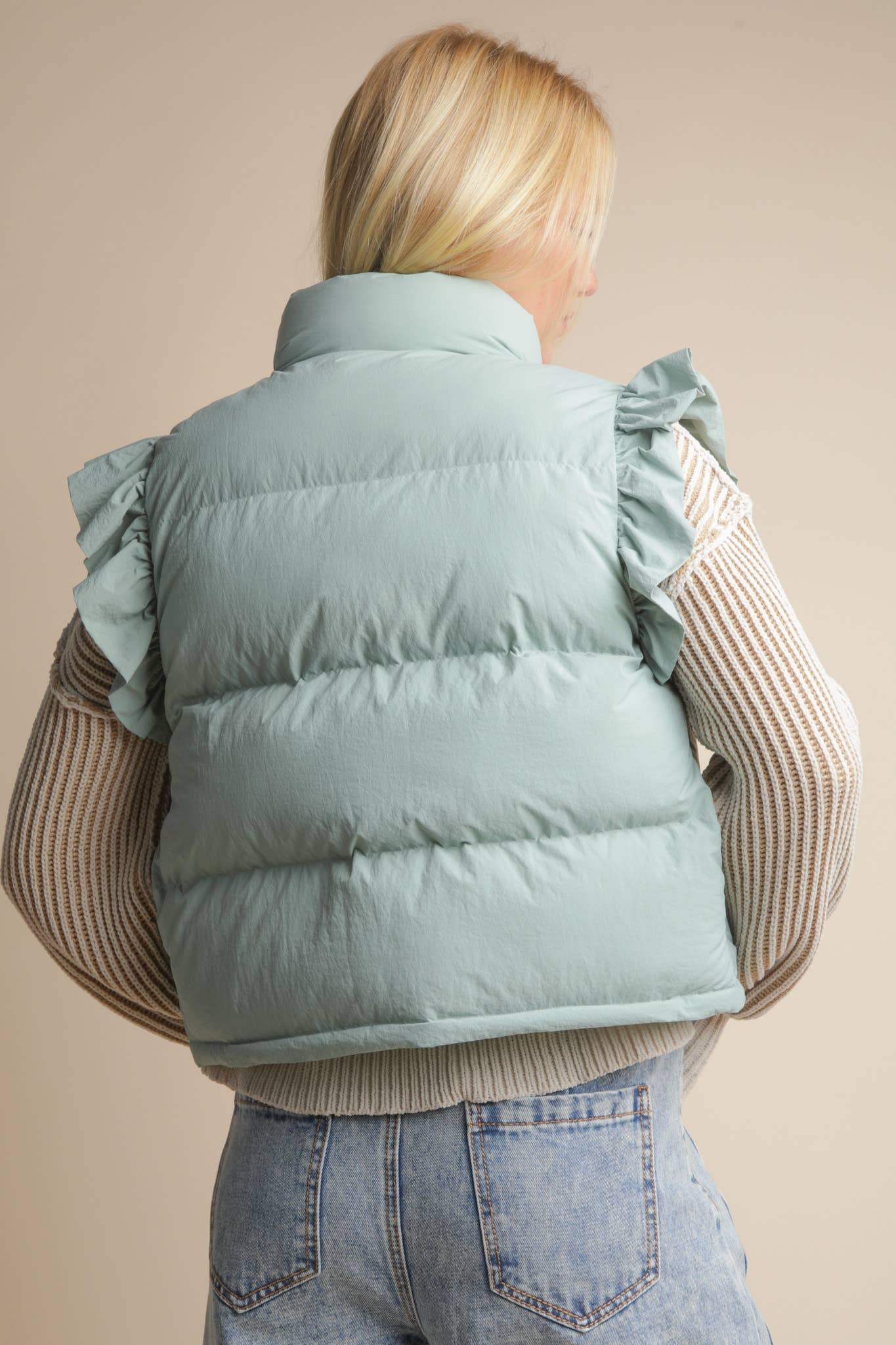 Front Bow Ruffle Sleeve Puffer Vest