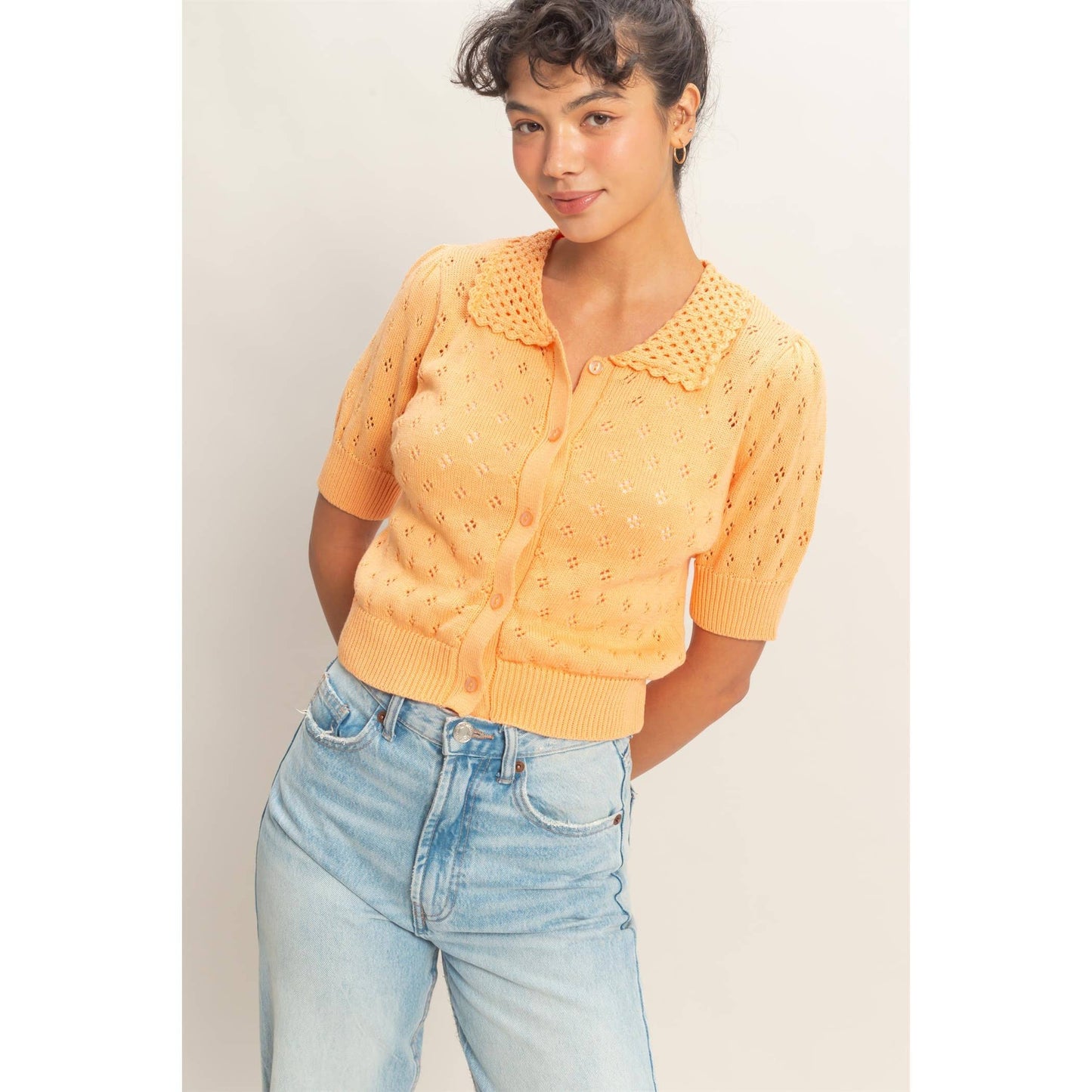 Pointelle Collar Button-Up Puff Sleeve Knit Top