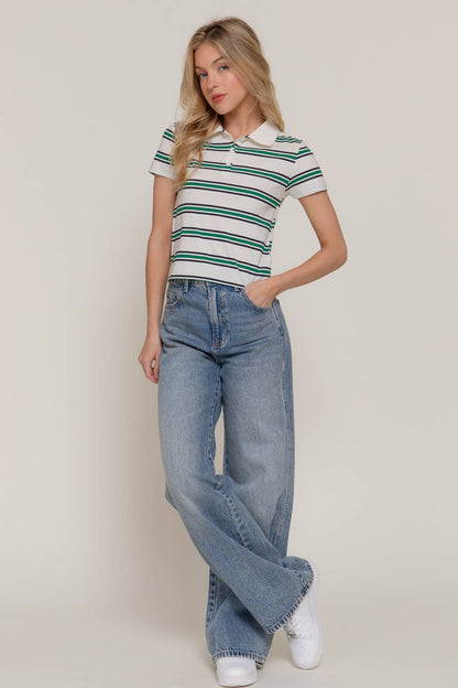 Short Sleeve Multi Striped Polo Top