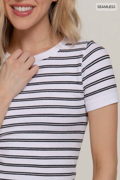 Short Sleeve Crew Neck Striped Seamless Top