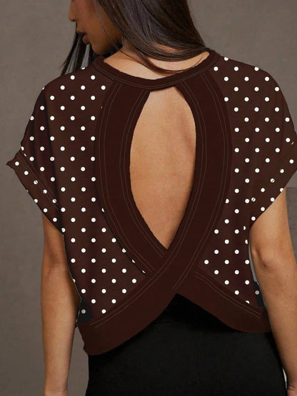 Polka Dots Wrapped Cutout Back Slouchy Tee Workout Shirt