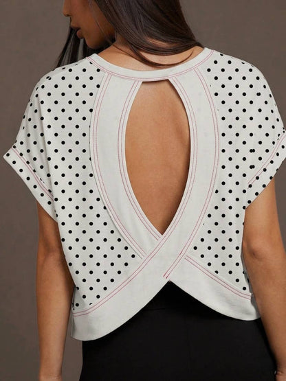 Polka Dots Wrapped Cutout Back Slouchy Tee Workout Shirt