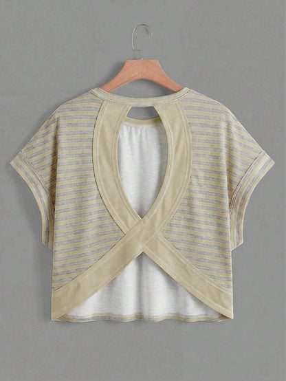 Polka Dots Wrapped Cutout Back Slouchy Tee Workout Shirt