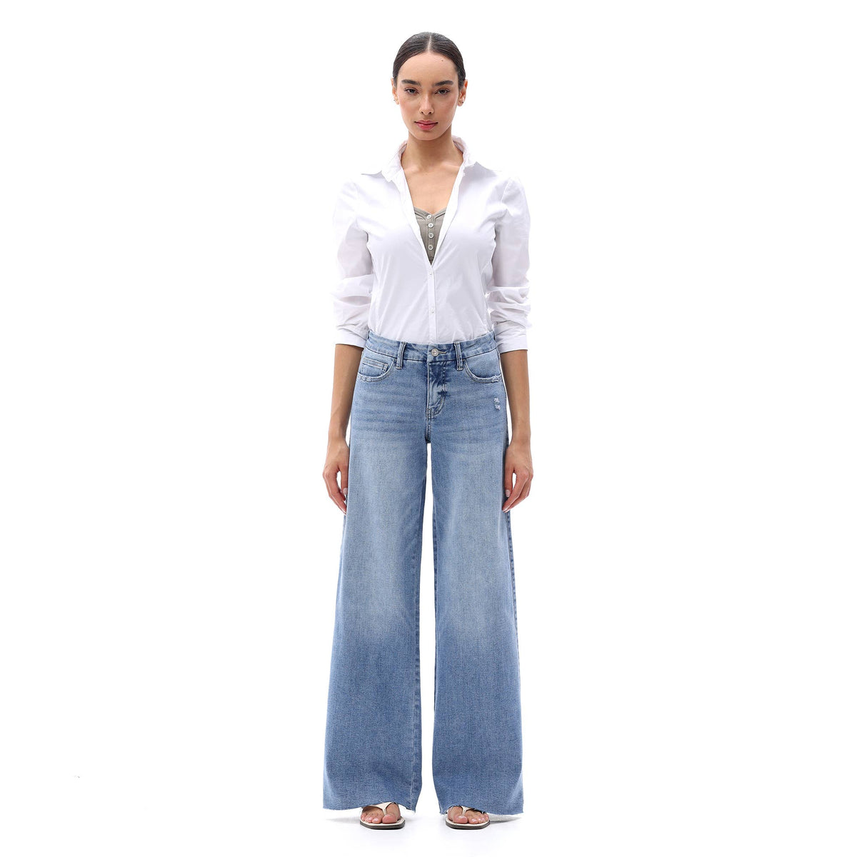 ONESO Mid Rise Wide Leg Jeans Raw Hem Vintage Distressed