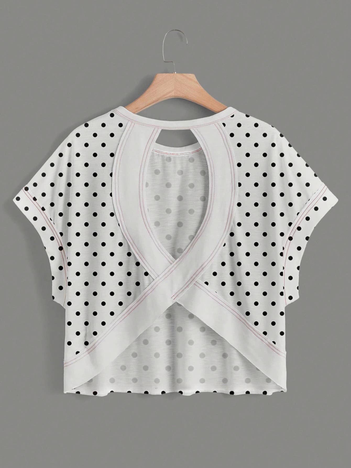 Polka Dots Wrapped Cutout Back Slouchy Tee Workout Shirt