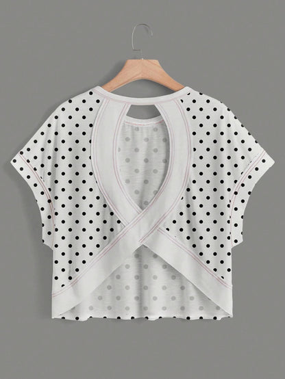 Polka Dots Wrapped Cutout Back Slouchy Tee Workout Shirt