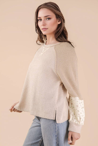 Raglan Sleeve Color Block Casual Textured Knit Top