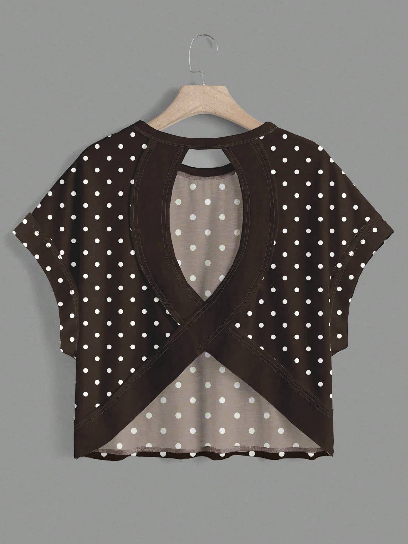 Polka Dots Wrapped Cutout Back Slouchy Tee Workout Shirt
