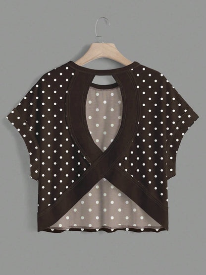 Polka Dots Wrapped Cutout Back Slouchy Tee Workout Shirt
