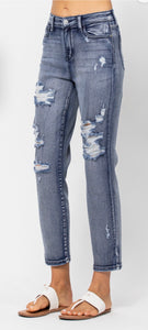 High Rise Medium Wash Destroyed Boyfriend Jeans